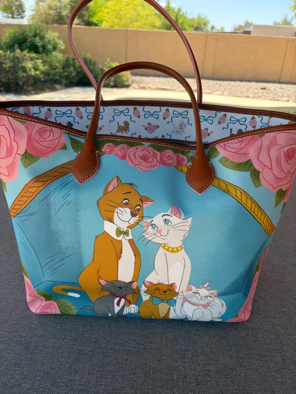 Dooney & Bourke Blue Disney The Aristocats Tote with Pink Roses and Tan Trim - Picture 2 of 5